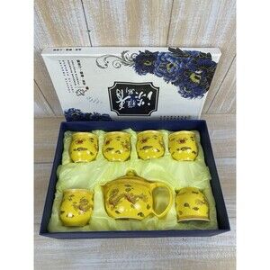 Chinese Dragon Porcelain Tea Set Teapot 6 Cups w/ Infuser in Original Box